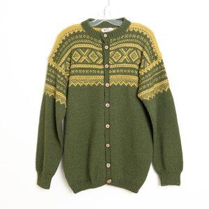 Vintage Marius Norwegian Sweater Wool Cardigan Hand Knit Ski 80s Green Yellow